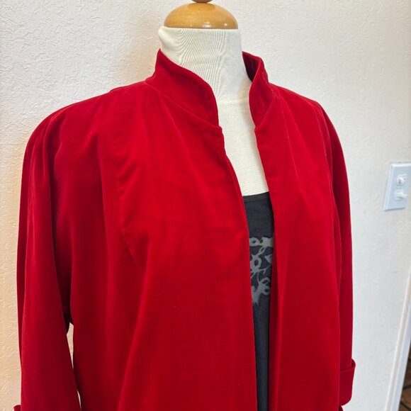 Womens vintage red velvet coat SZ L - long open coat with ¾ sleeves Fully lined - Picture 2 of 8